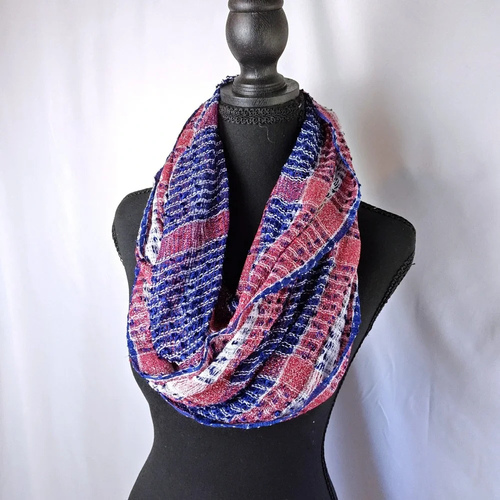 Patriotic Infinity Scarf Red White Blue Metallic Lightweight Open Weave Loop